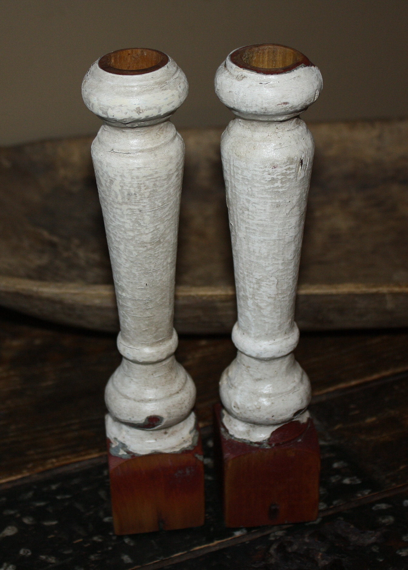 Antique Distressed Baluster Candlesticks, Old Chippy White Paint, Repurposed Porch Spindles