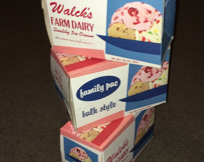 3 Vintage 1950s Ice Cream Cartons! Walck's Farm Dairy, Niagara Falls NY, NOS Advertising Boxes