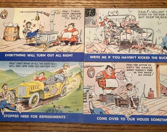 Vintage 1940s Hillbilly Humor Postcards: Luther Jakie Irby, Artist; Bursheen-Finish Linen, NOS Unused Unsold Store Stock; Set of4!
