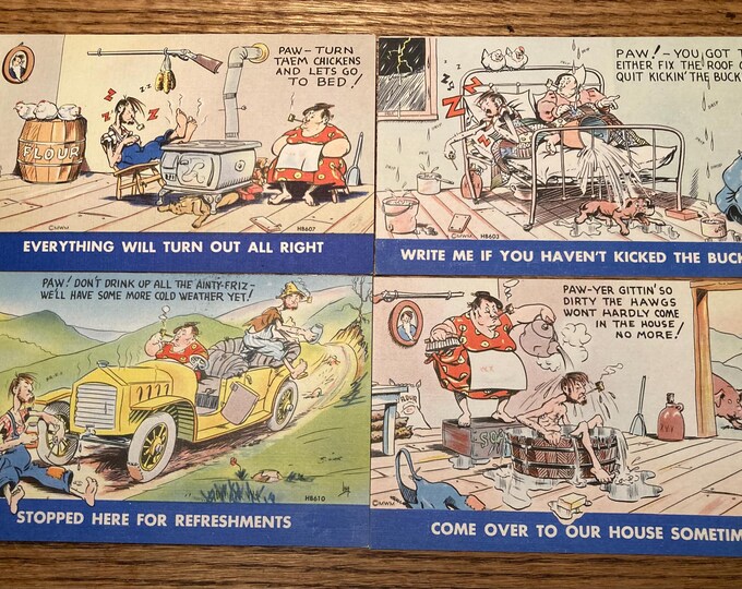 Vintage 1940s Hillbilly Humor Postcards: Luther Jakie Irby, Artist; Bursheen-Finish Linen, NOS Unused Unsold Store Stock; Set of4!