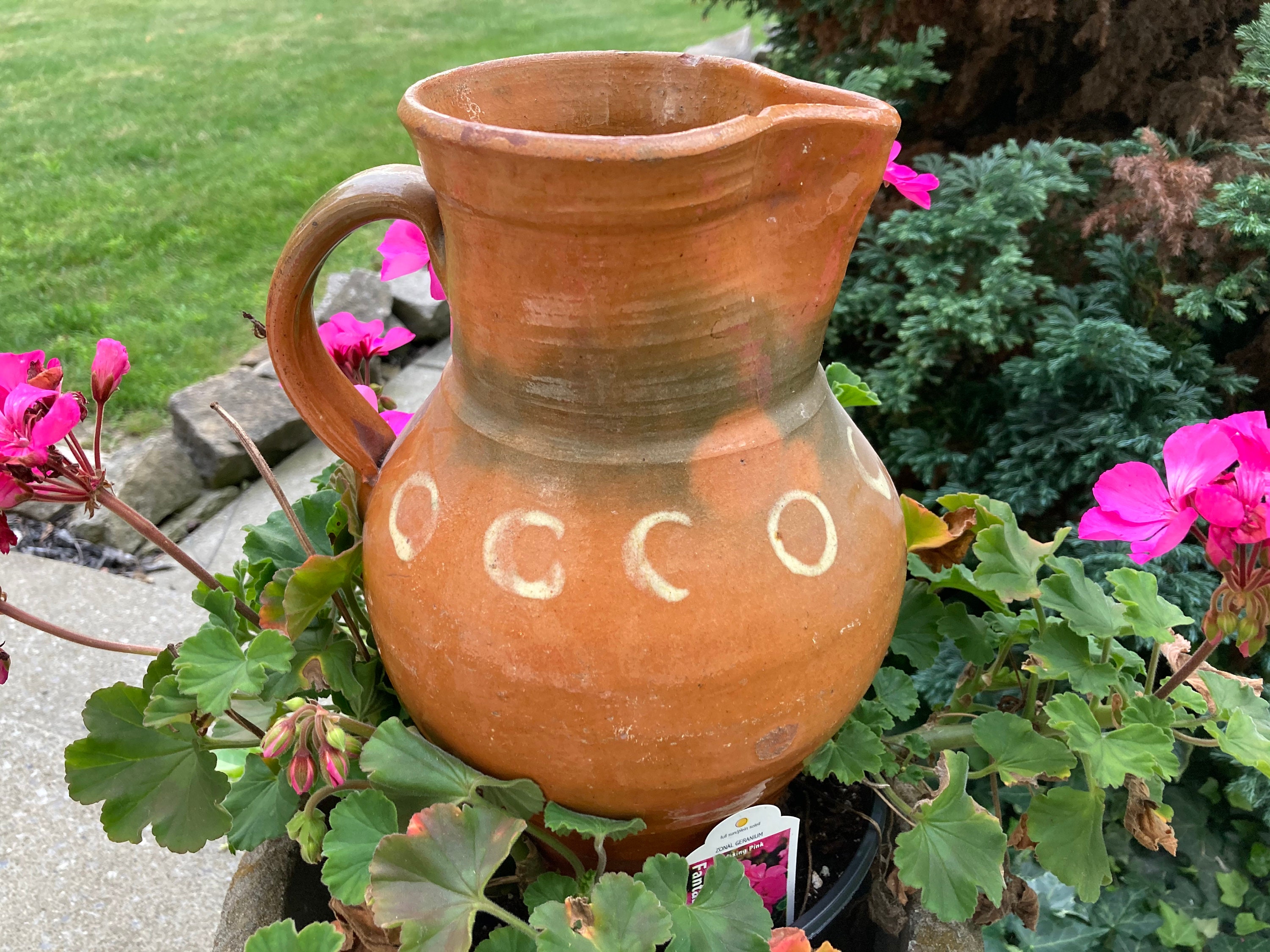 Antique Country Primitive Redware Folk Pottery Pitcher; 19th Century
