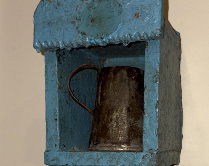 Antique Country Primitive Wooden Clock Box with Old Blue Paint; Hanging Wall Box