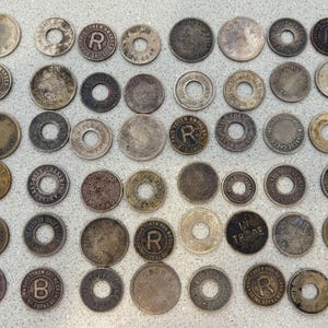 Group of 60 Antique Brass & Copper Tokens for Amusement Games, Gambling 1930s, from Buffalo NY Establishments