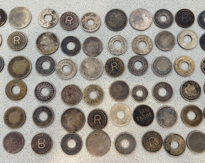 Group of 60 Antique Brass & Copper Tokens for Amusement Games, Gambling 1930s, from Buffalo NY Establishments