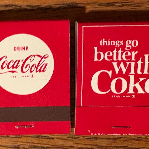 Two Unused Coca-Cola Matchbooks, 1960s Slogan Logo, Unstruck Coke Matches: “Things Go Better With Coke”