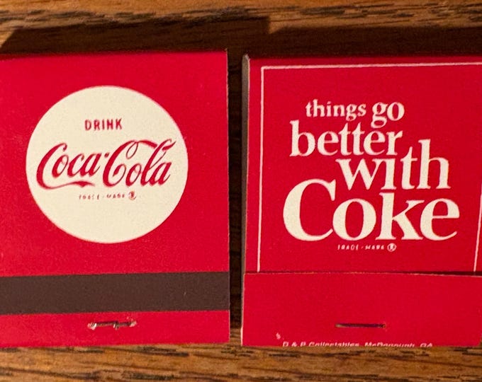 Two Unused Coca-Cola Matchbooks, 1960s Slogan Logo, Unstruck Coke Matches