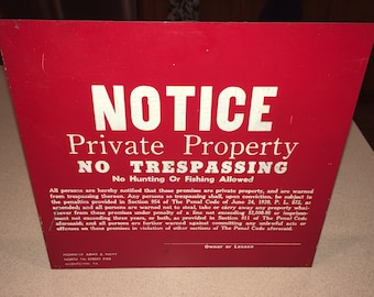 Vintage Red Metal No Trespassing Sign; No Hunting or Fishing; Never Used; NOS