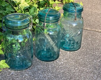 Vintage Blue Glass Fruit Canning Jar Quart; Ball Ideal, Atlas E-Z Seal