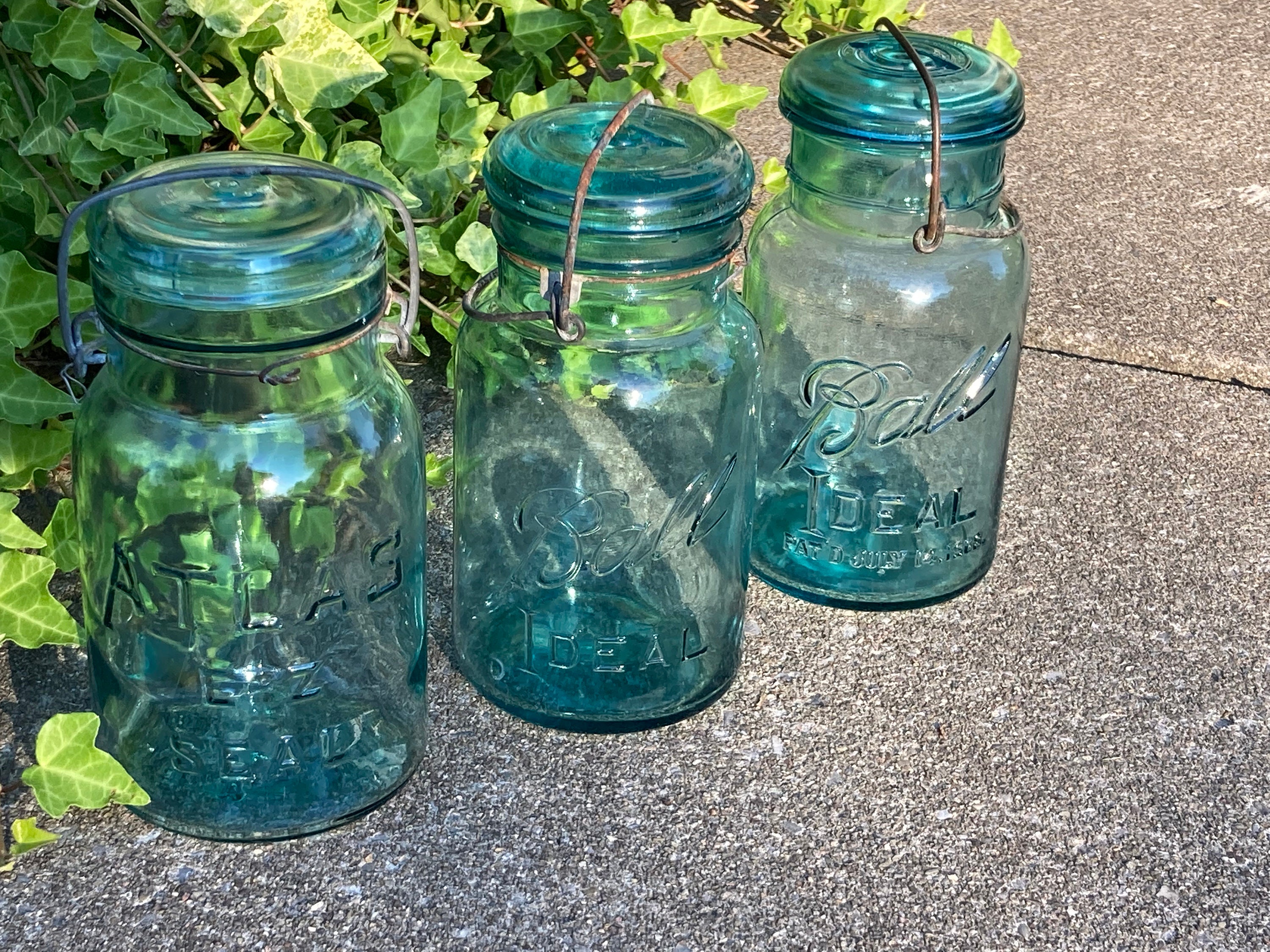 Vintage Blue Glass Fruit Canning Jar Quart; Ball Ideal, Atlas E-Z Seal