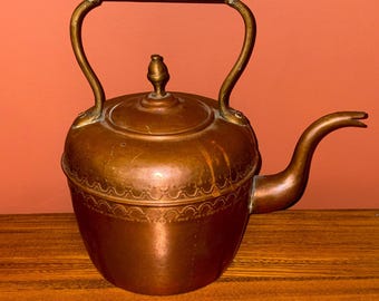Antique French Moroccan Copper Kettle with Gooseneck Spout and Brass Finial