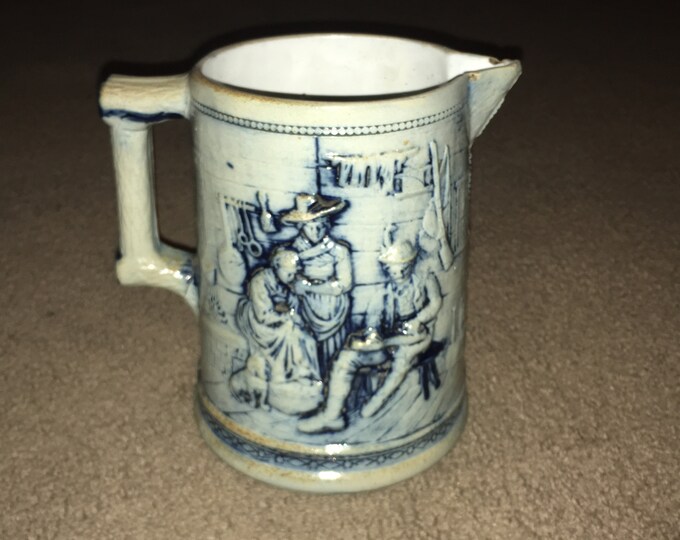 Antique 19th Century Cobalt Decorated Relief Portrait Stoneware Pitcher