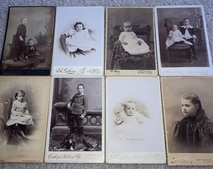 Group of 8 different Victorian Cabinet Cards featuring Children, Infants; 19th Century Photographs; Portraits