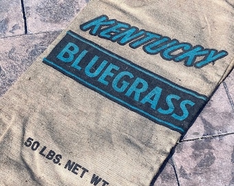 Vintage Burlap Kentucky Blue Grass Seed Sack; Old Farm Primitive 50 Pound Bluegrass Bag