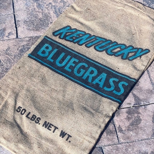 Vintage Burlap Kentucky Blue Grass Seed Sack; Old Farm Primitive 50 Pound Bluegrass Bag