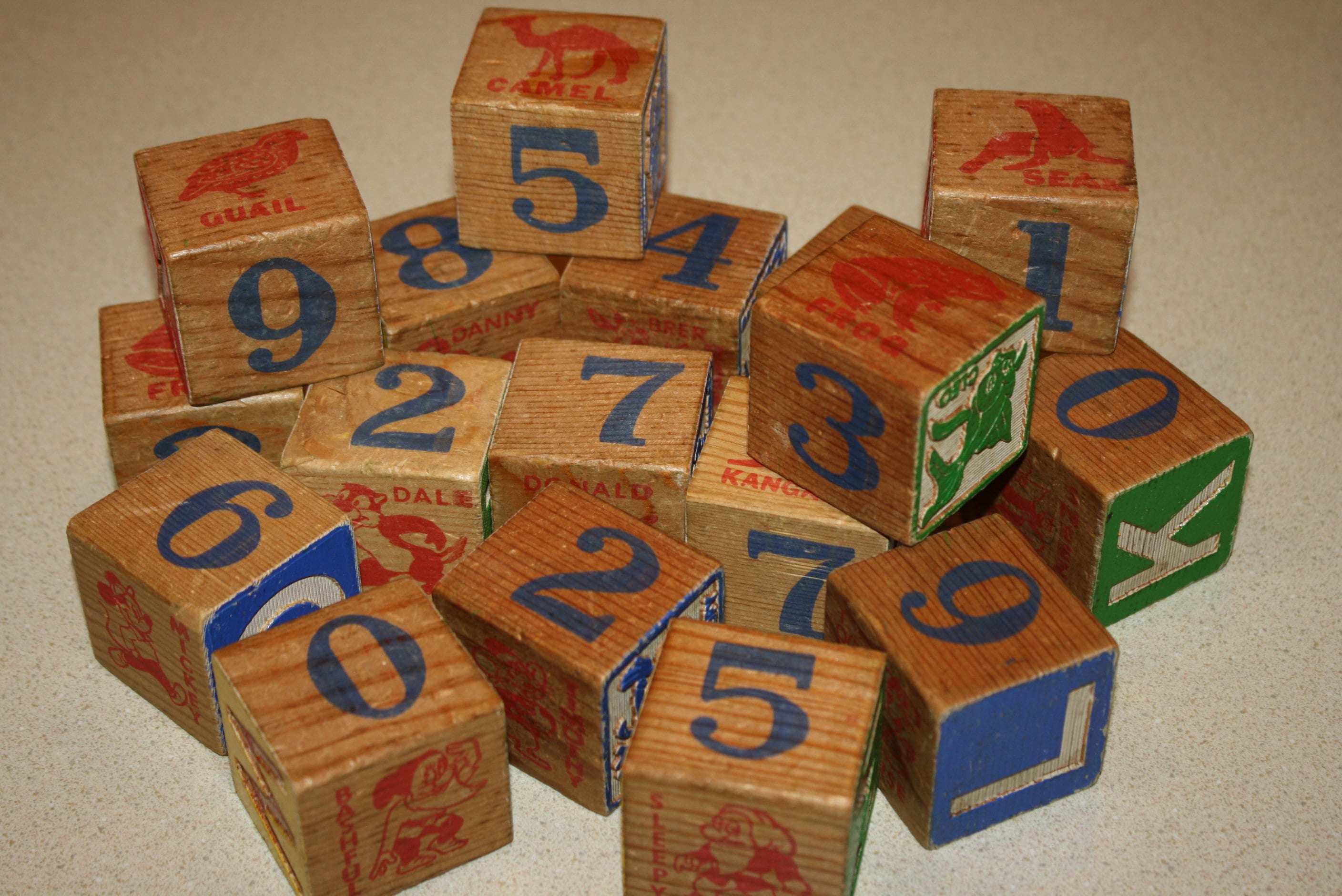 Lot of 17 Different Antique Wooden Toy Blocks; Vintage 1950s ABC's