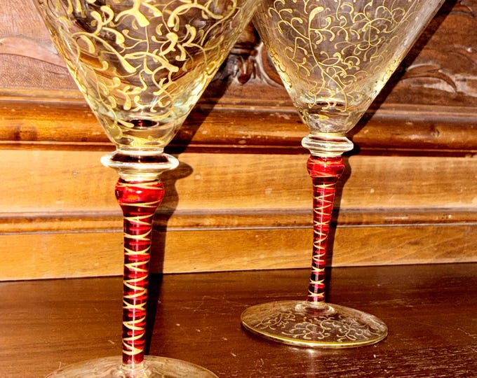 Pier 1 Rioja Red Threaded Stem Gold Scroll Martini Glasses, 7.8” Handmade, Hand Decorated