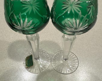 2 Vintage Green Bohemian Crystal Aperitif Cordial Glasses Lausitzer Glass 5.25” H