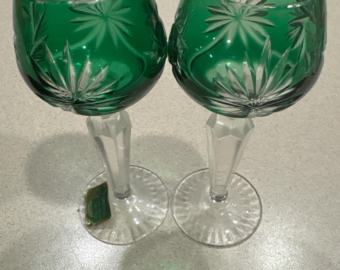2 Vintage Green Bohemian Crystal Aperitif Cordial Glasses Lausitzer Glass 5.25” H