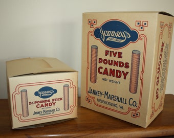 Pair of Cardboard 100+ Year Old Janney's Stick Candy Boxes; Country Store, Old Stock, Never Used, Janny-Marshall Co., Fredericksburg, VA