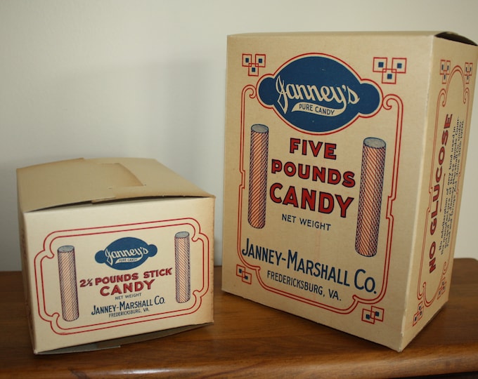 Pair of Cardboard 100+ Year Old Janney's Stick Candy Boxes; Country Store, Old Stock, Never Used, Janny-Marshall Co., Fredericksburg, VA