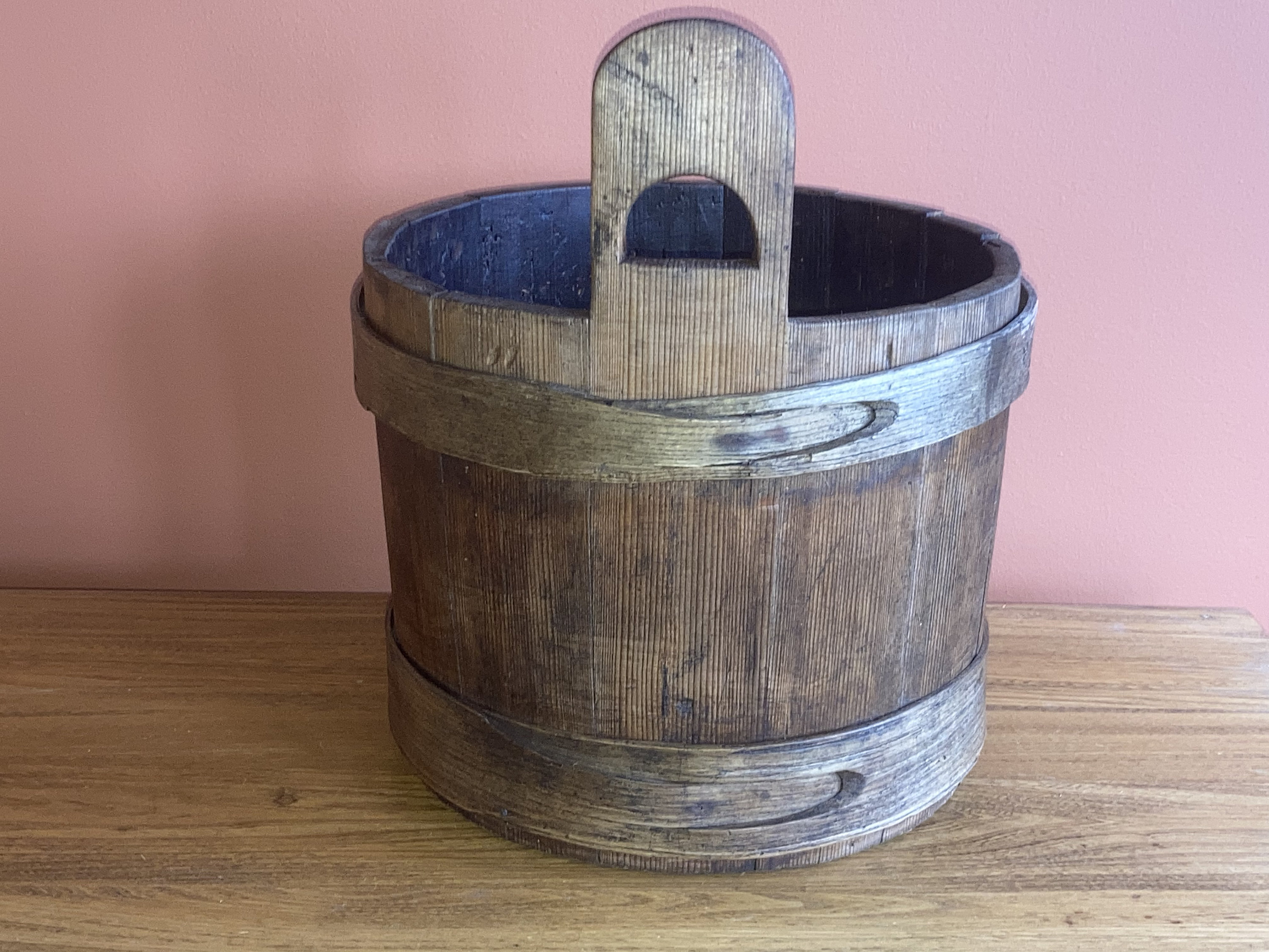 Antique Country Primitive Staved Wooden Piggin Bucket with Chestnut Lap
