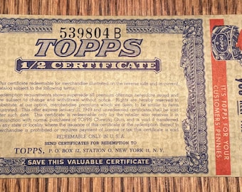 Vintage 1949 Topps Chewing Gum Retailers 1/2 Certificate