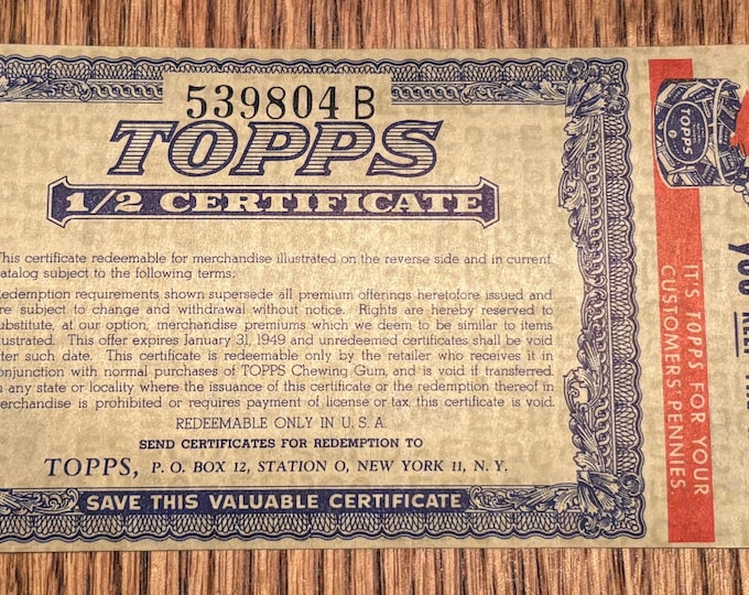 Vintage 1949 Topps Chewing Gum Retailers 1/2 Certificate