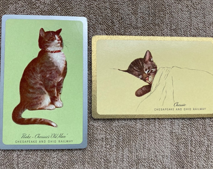 2 Vintage Chesapeake and Ohio Railway Playing Swap Cards featuring Chessie & Peake Railroad Cats Mascot Kitty Logos 1940s