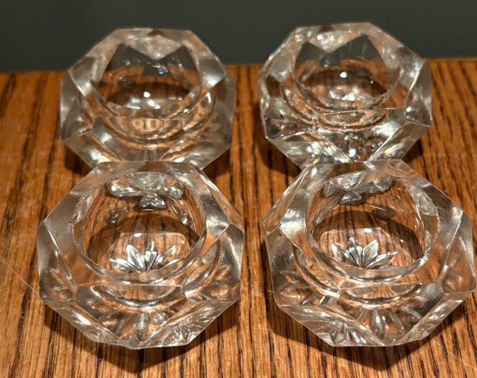 Set of 4 Antique Pressed Glass Hexagonal Salt Dips, Salt Cellars