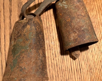 Pair of Antique Primitive European Metal Ox Oxen Cow Bells