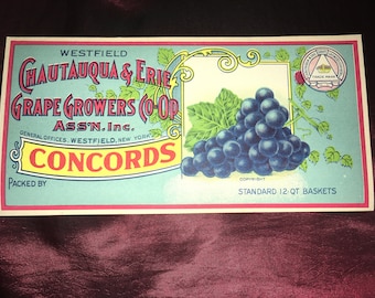 Vintage 1920s Chautauqua & Erie Concord Grapes Crate Label; New Old Stock