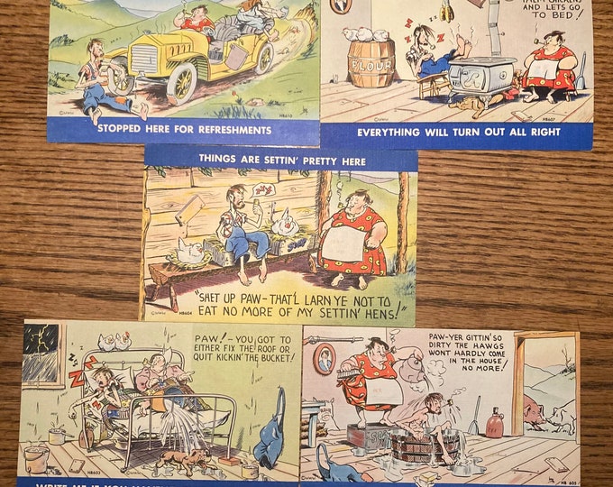 Vintage 1940s Hillbilly Humor Postcards: Luther Jakie Irby, Artist; Bursheen-Finish Linen, NOS Unused Unsold Store Stock; Set of 5!