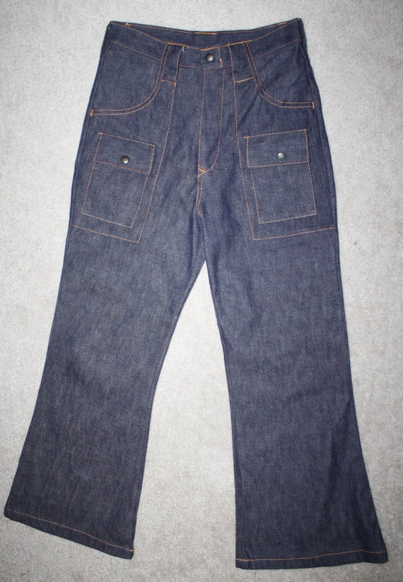 Vintage 1970s Girls Denim Blue Jeans: High Waist Bell Bottoms, New