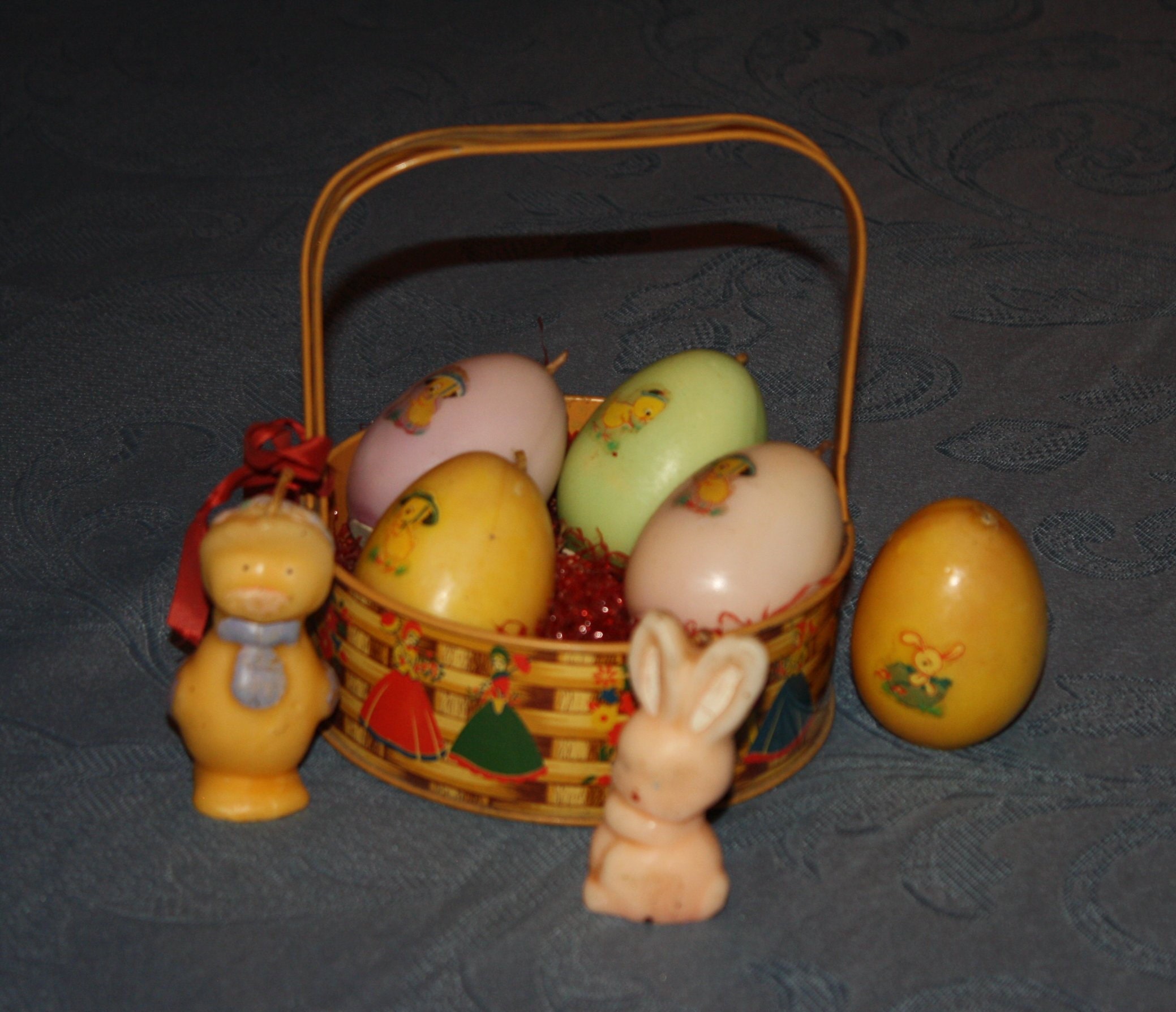 7 Vintage 1940s Socony Vacuum Gurley Easter Candles in Antique Lithographed Tin Easter Basket