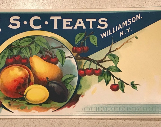 Vintage 1915 Original Fruit Crate Label: S. C. TEATS, Williamson, N.Y. Cherry Peach Pear, Old Stock