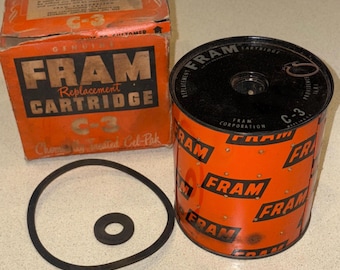 Vintage FRAM 1950s C-3 Oil Filter Cartridge in Original Box; Unused, NOS, New Old Stock