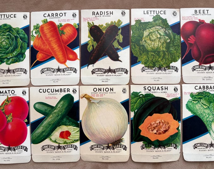 10 Vintage 1940s Unused Old Stock 5, 10 CENT Vegetable Seed Packs; Lone Star Seed Co, San Antonio, Texas Warehouse Find! NOS Packets  #LS2
