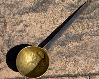19th Century Antique Brass & Iron Dipper, Hand Hammered Kitchen Ladle