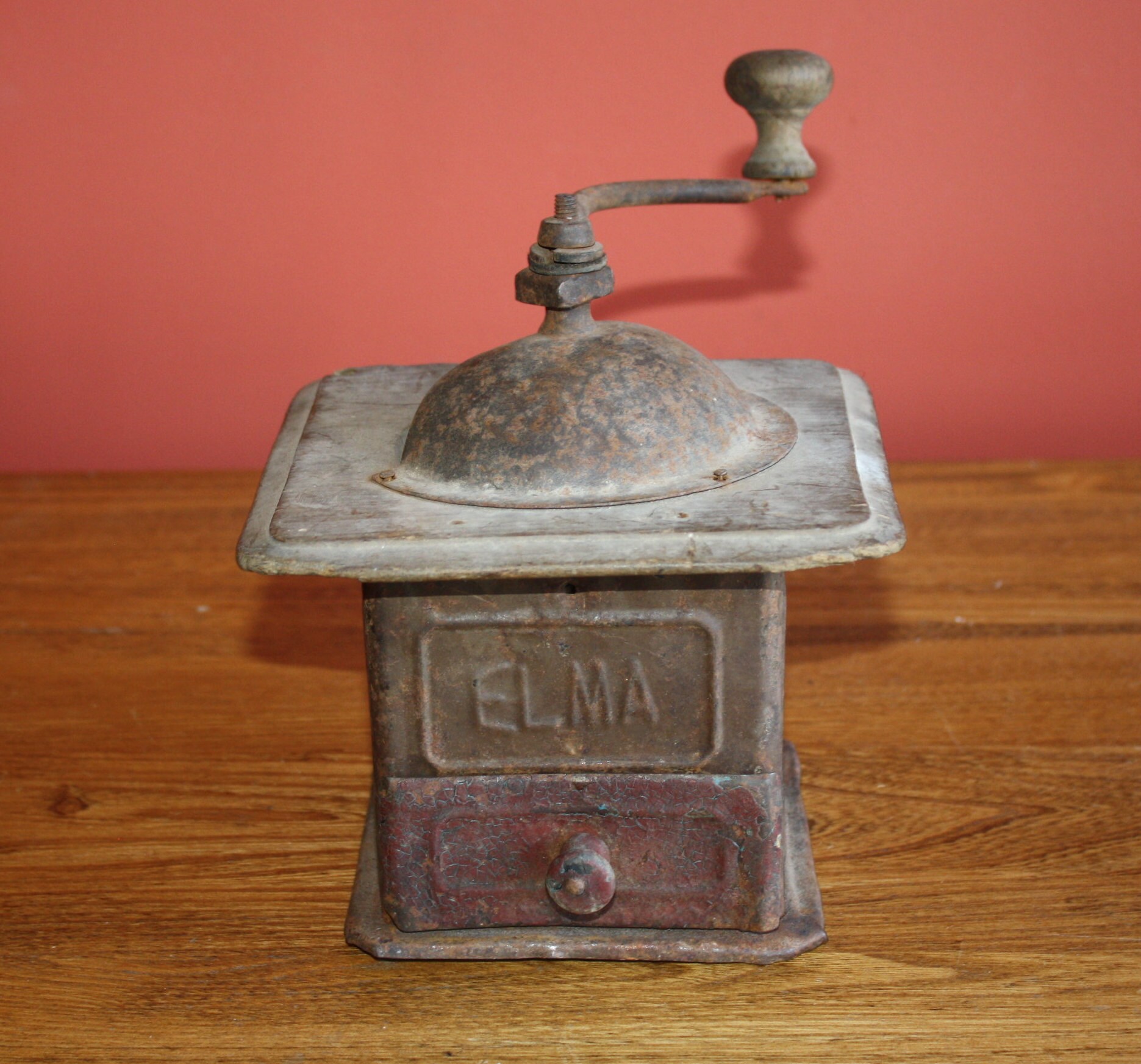 Antique Primitive Wood & Tin Coffee Grinder; Vintage Metal ELMA Coffee