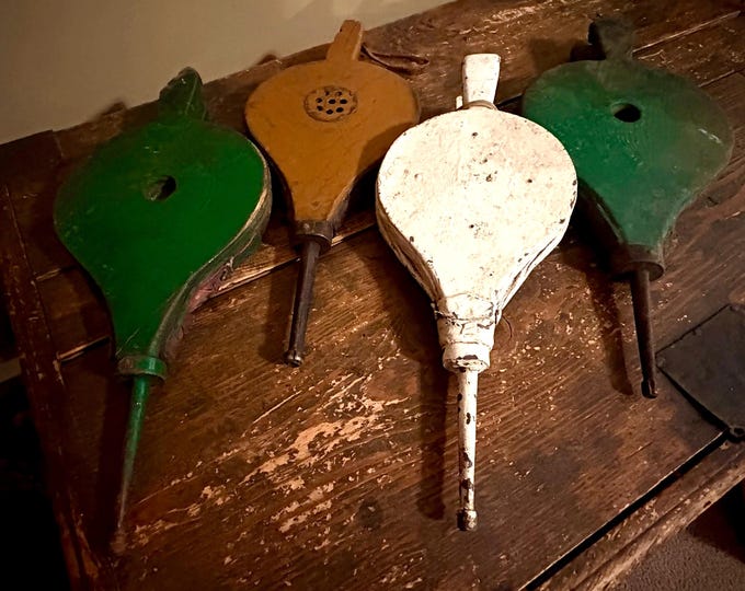 Collection of 4 Wood & Leather Antique Fireplace Bellows in Old Paint