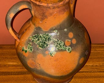 Antique Country Primitive Redware Pottery Pitcher; Ovoid Green & Mustard Mottled 1800's