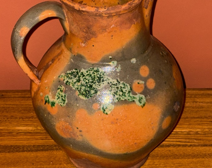 Antique Country Primitive Redware Pottery Pitcher; Ovoid Green & Mustard Mottled 1800's