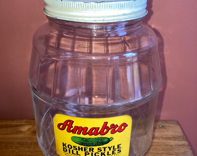 Vintage 1 Quart Glass Pickle Jar With Original Label and Cover Amabro Kosher Style Dill Pickles