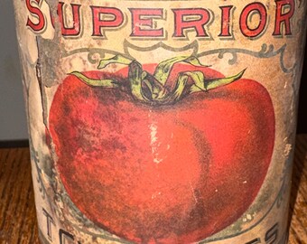 Late 1800s - Early 1900s Superior Brand Tomatoes Tin Can with Original Lithograph Paper Label, Antique Canned Food Collectible