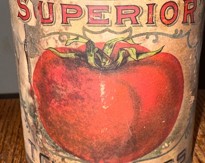 Late 1800s - Early 1900s Superior Brand Tomatoes Tin Can with Original Lithograph Paper Label, Antique Canned Food Collectible