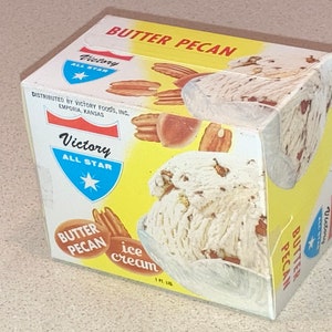 2 Vintage 1957 Victory All Star Ice Cream Cartons: Butter Pecan,  Unused Old Stock NOS Pint Boxes Advertising
