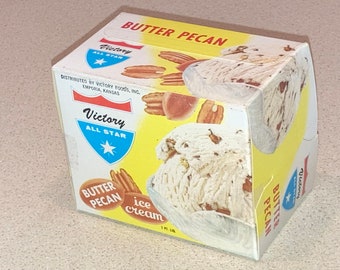 2 Vintage 1957 Victory All Star Ice Cream Cartons: Butter Pecan,  Unused Old Stock NOS Pint Boxes Advertising