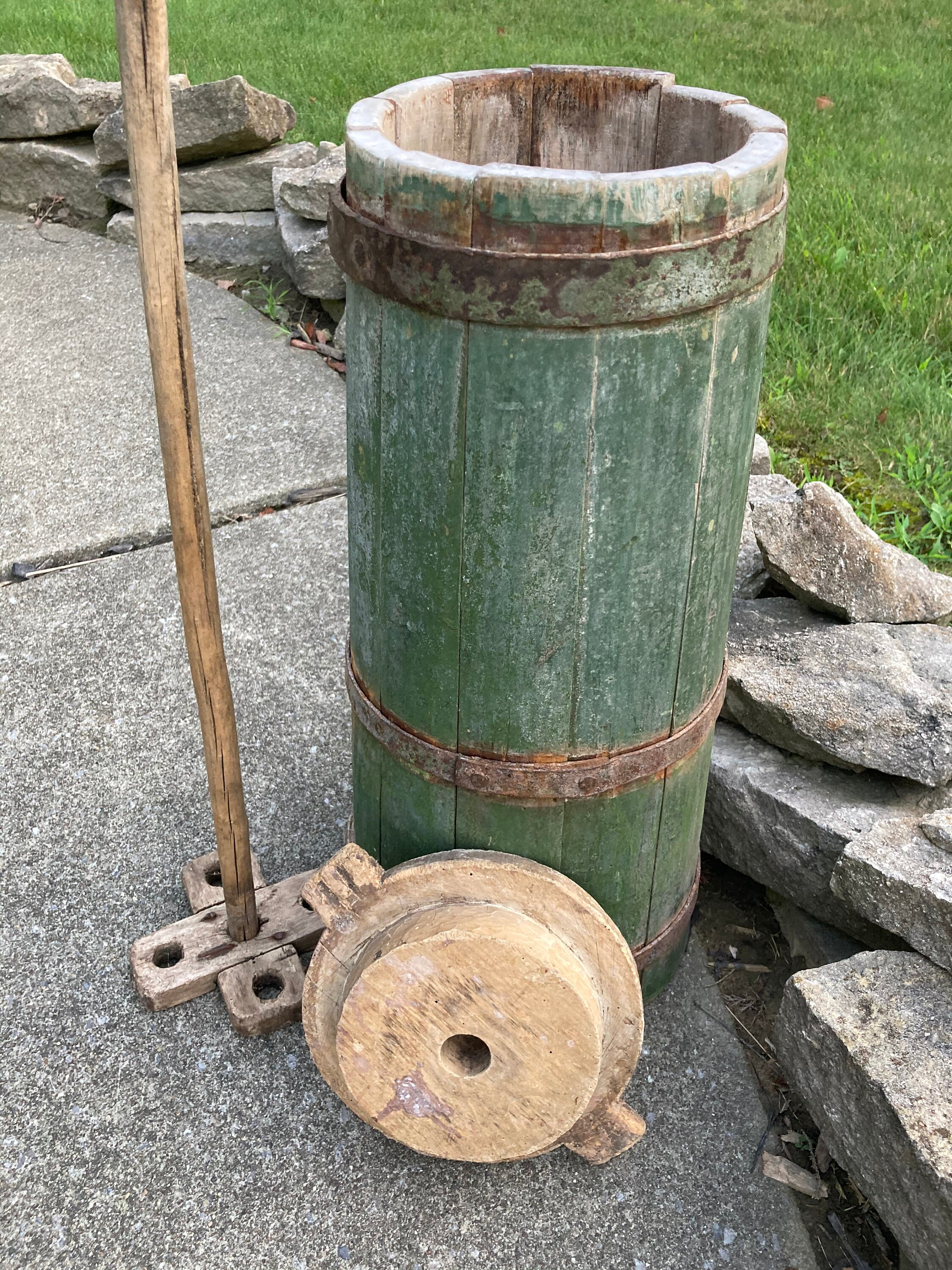 Antique Primitive Staved Wooden Butter Churn in Old Green Paint, 19th