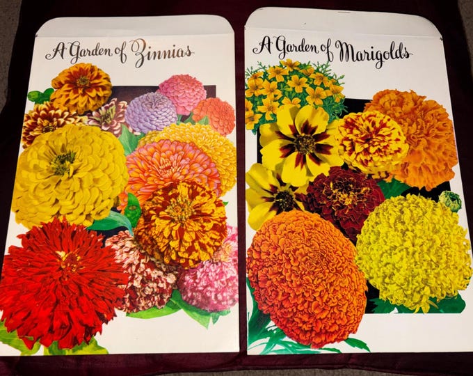 Set of 2 Jumbo Vintage Seed Packets, Never Used, Marigolds, Zinnias NOS
