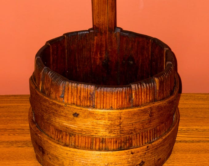 Antique Country Primitive Staved Wooden Piggin Handled Bucket with Finger Bands